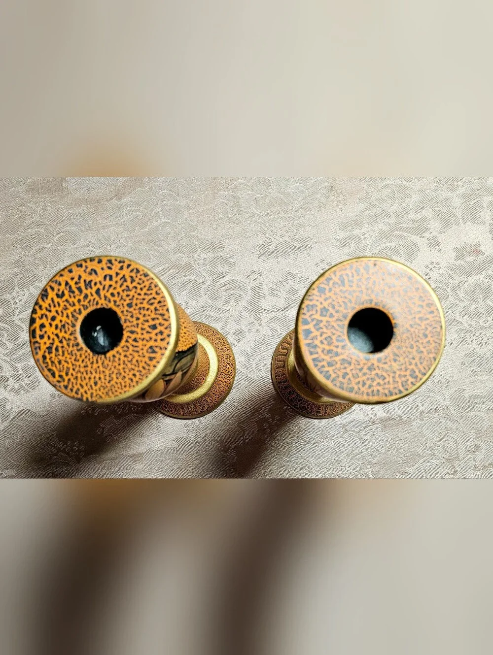Boho Ceramic Candlestick Holders Hand Painted Sunflower Motif Crackle Glaze Gold